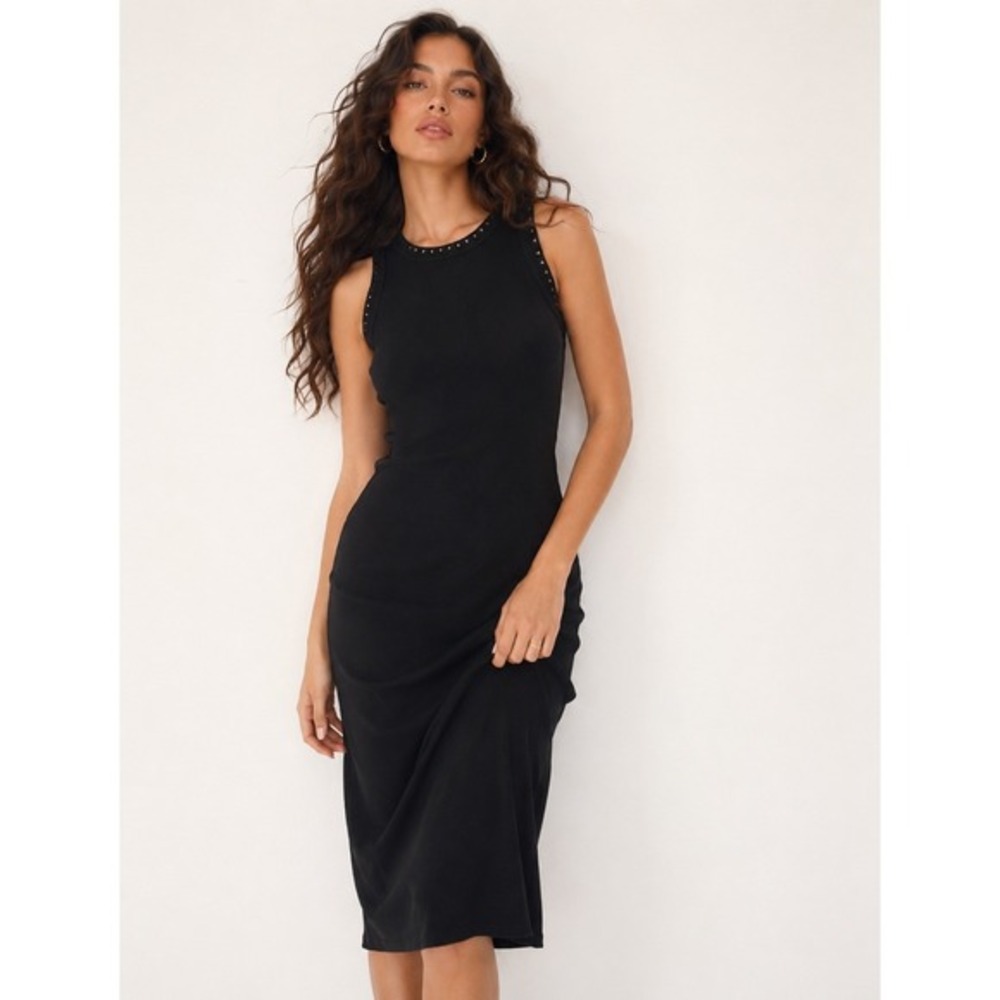 Z Supply Clarke Black Ribbed Eyelet Trim Sleeveless Midi Dress Size M New‎